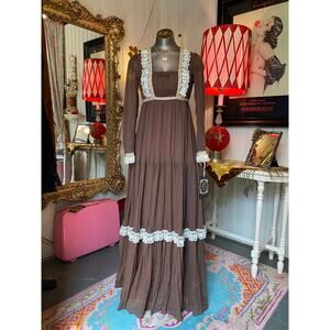 vintage 1970s brown prairie dress 70s maxi dress cottagecore empire waist xs 25